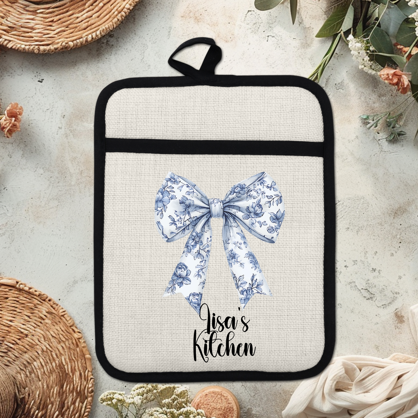 Custom Chinoiserie Bow Design Linen Pot Holder with Personalized Name