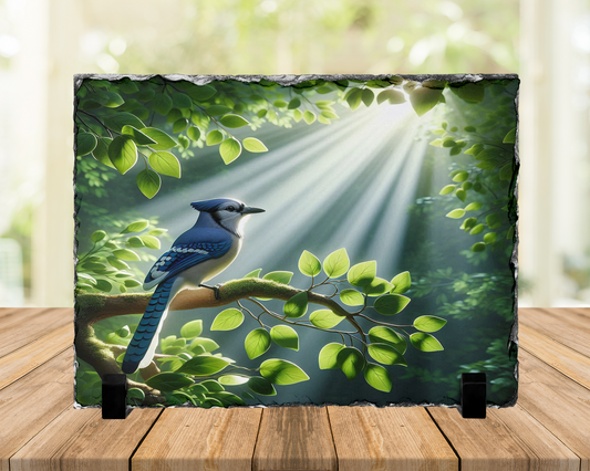 Nature Photo Slate with Blue Jay on Tree Branch Design - Unique Home Decor