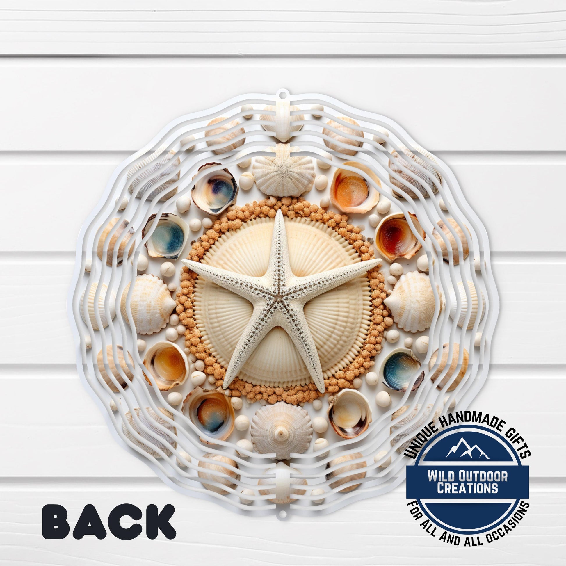 Coastal Seashell Wind Spinner - Aluminum Beach Nautical Yard Art, 10 Inch - scale and size reference