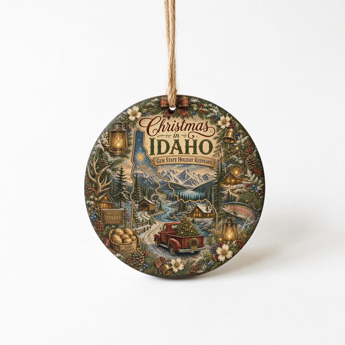 Idaho Ornament, Vintage Truck Ceramic Keepsake, Snowy Cabin Gift