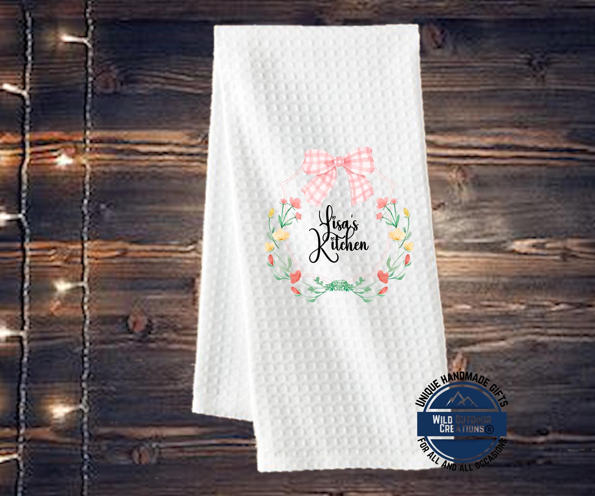 Personalized Kitchen Towel – Custom Floral Wreath Pink Gingham Bow Gift - additional product photo 12