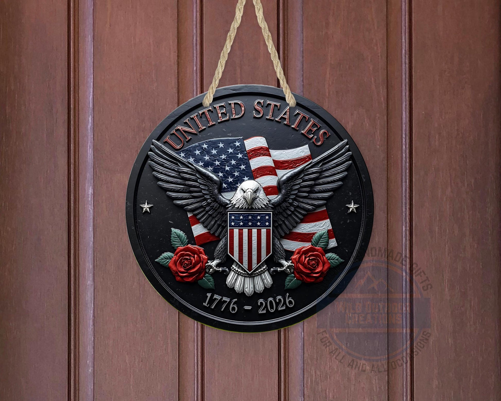 American Eagle Door Hanger - Round Aluminum Patriotic Door Sign, Veteran Gift Idea - detail view