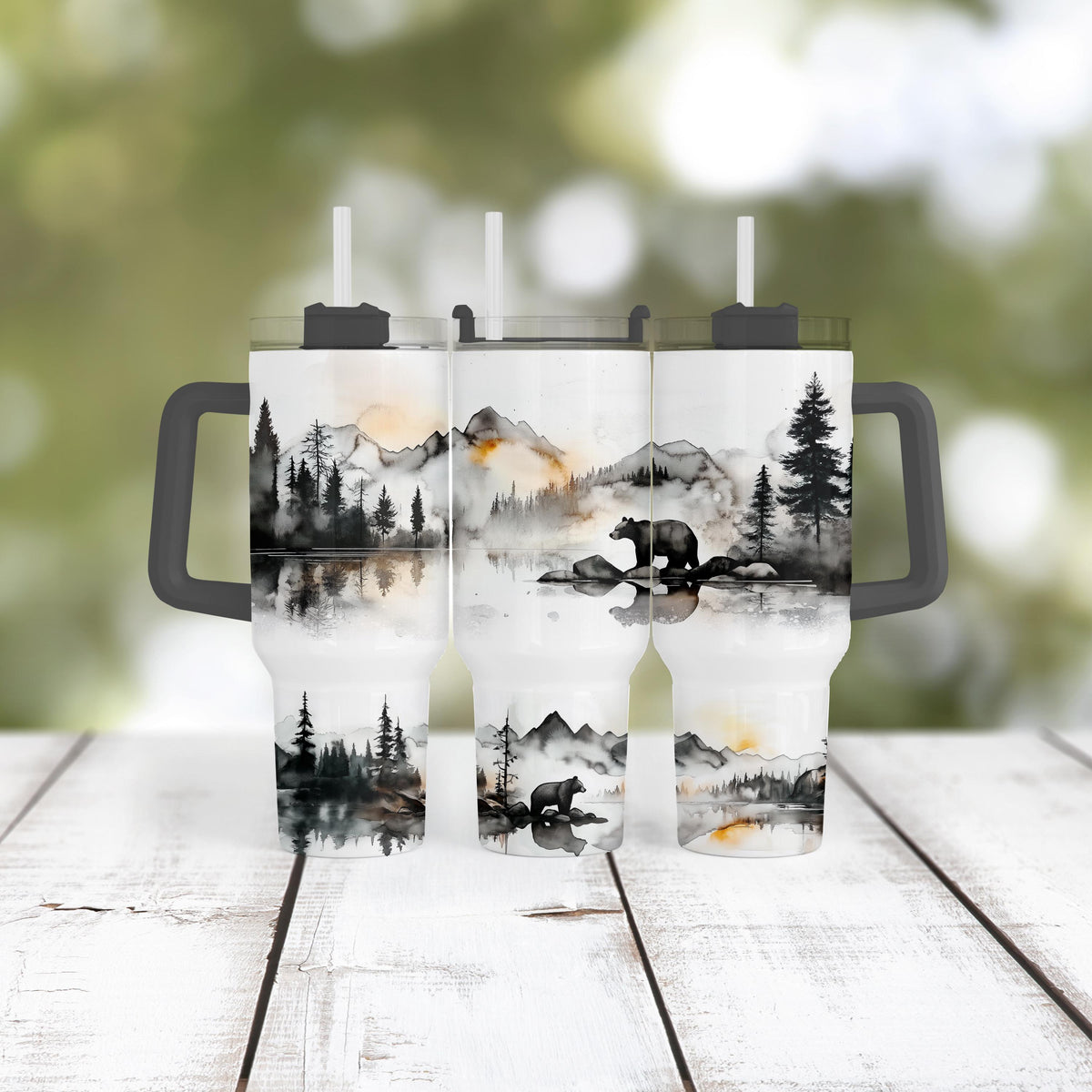 Black Bear Tumbler, 40 Oz Handle Cup, Misty Mountain Watercolor