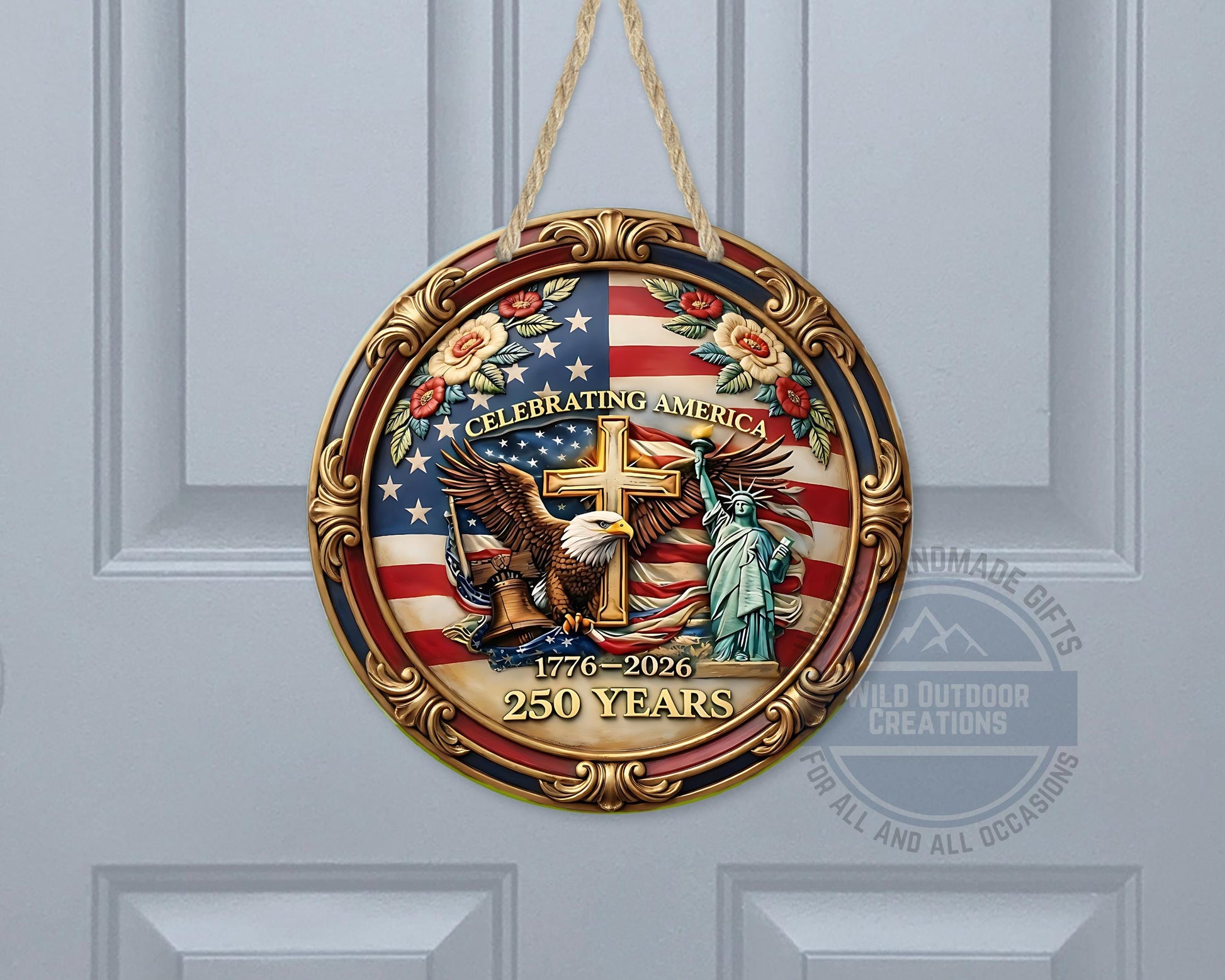 Patriotic Door Hanger - America 250 Decor | Eagle And Flag Aluminum Sign - gift presentation view