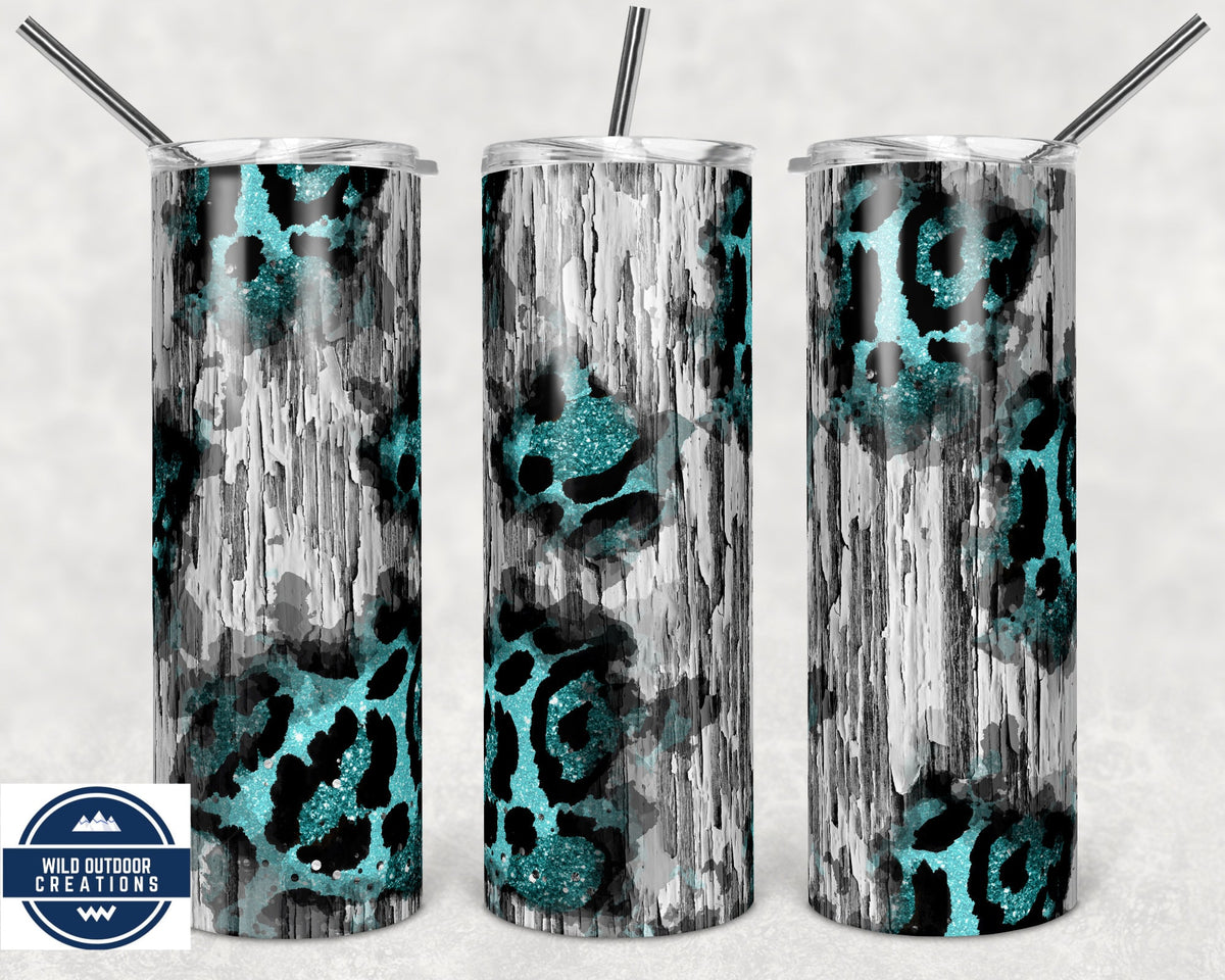 Boho Tumbler, Teal Leopard 20Oz Stainless Steel Cup, Lid, Straw