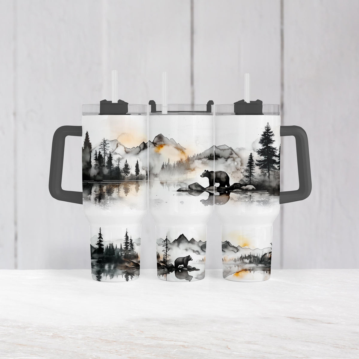 Black Bear Tumbler, 40 Oz Handle Cup, Misty Mountain Watercolor