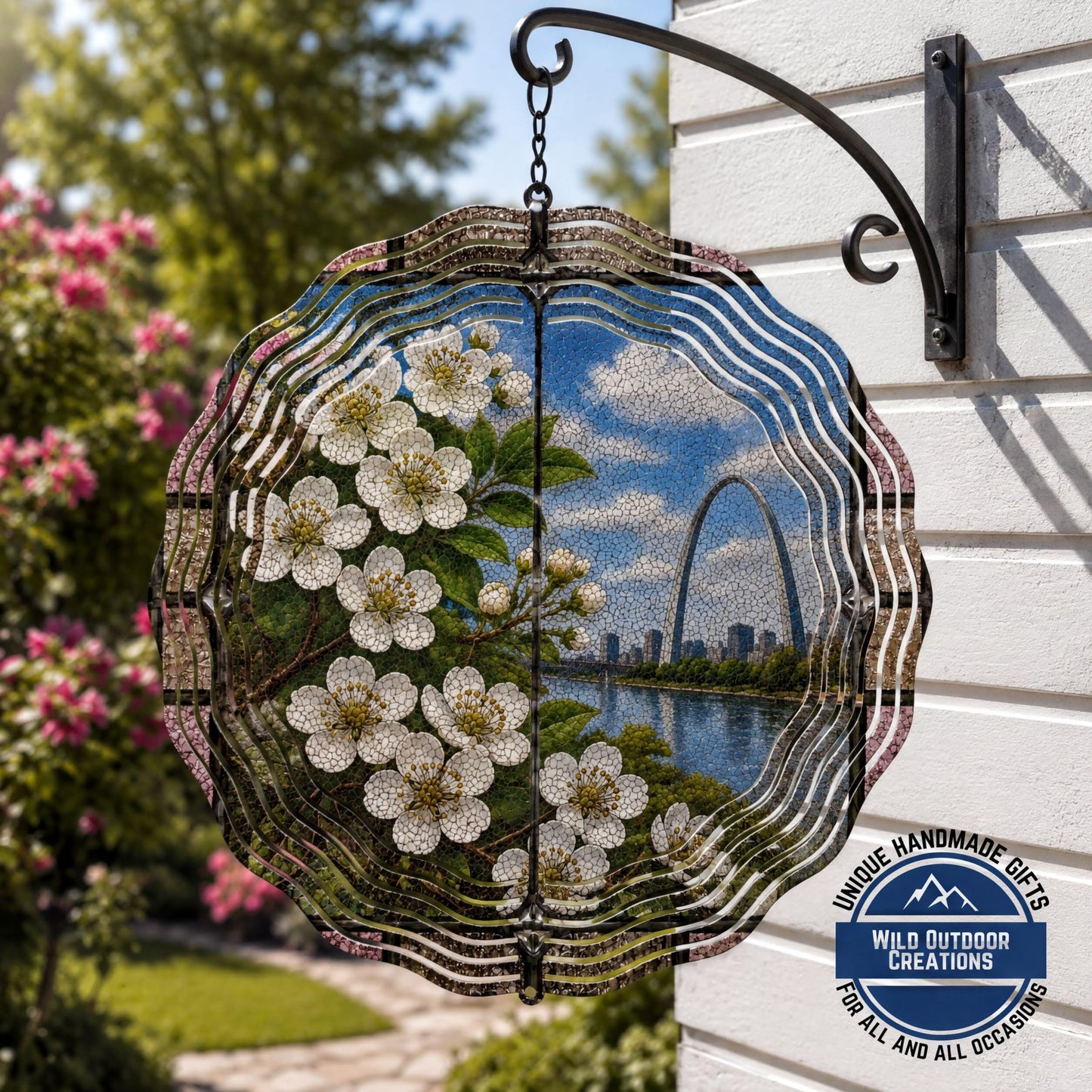 Missouri State Flower Hawthorn Blossom Wind Spinner Stained Glass Gateway Arch Decor 10 Inch