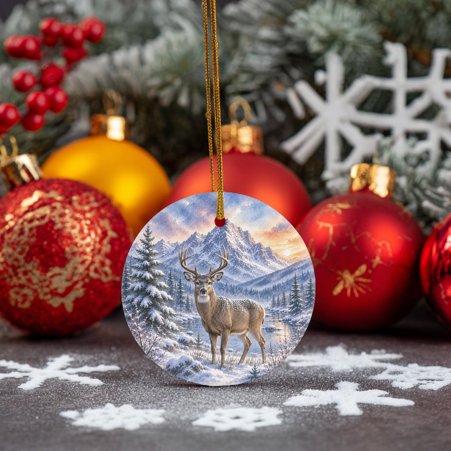 Whitetail Deer Ornament, Watercolor Mountain River Scene, Ceramic, 3 Inch
