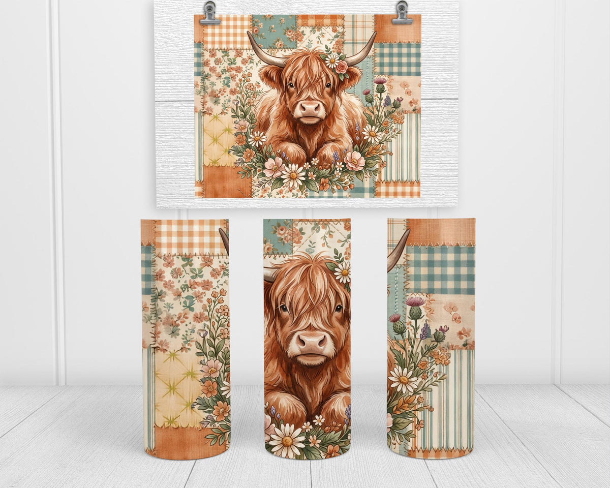 Highland Cow Tumbler | Floral Patchwork 20 Oz Skinny, Teal Peach Farmhouse