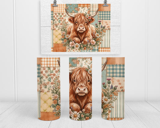 Highland Cow Tumbler | Floral Patchwork 20 Oz Skinny, Teal Peach Farmhouse