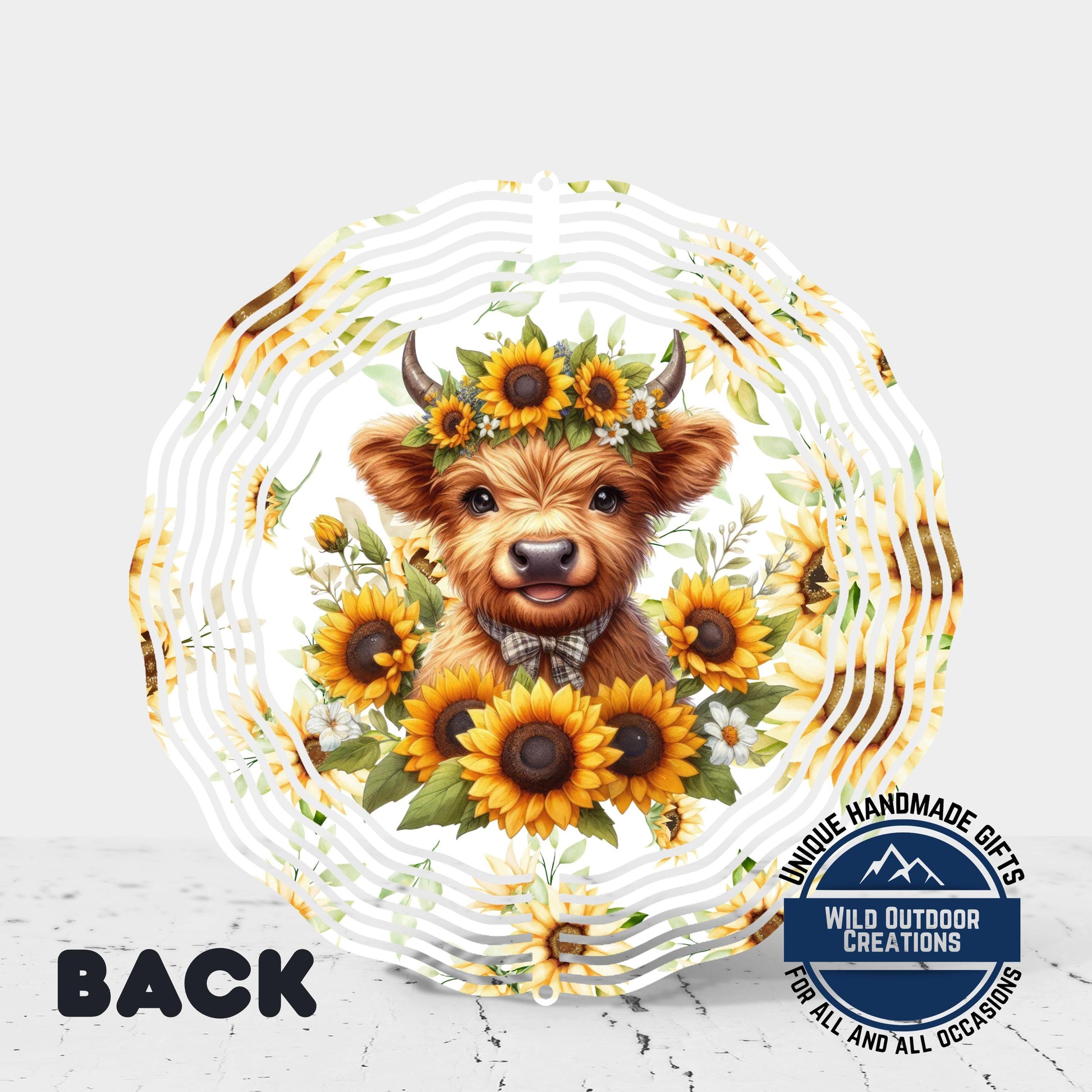 Baby Highland Cow Spinner - Rustic Garden Decor | Sunflower Crown Wind Spinner - product dimensions and specifications
