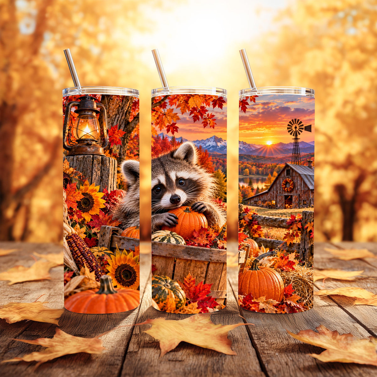 Autumn Tumbler, Raccoon Fall Cup, 20 Oz Skinny, Pumpkin Harvest Art