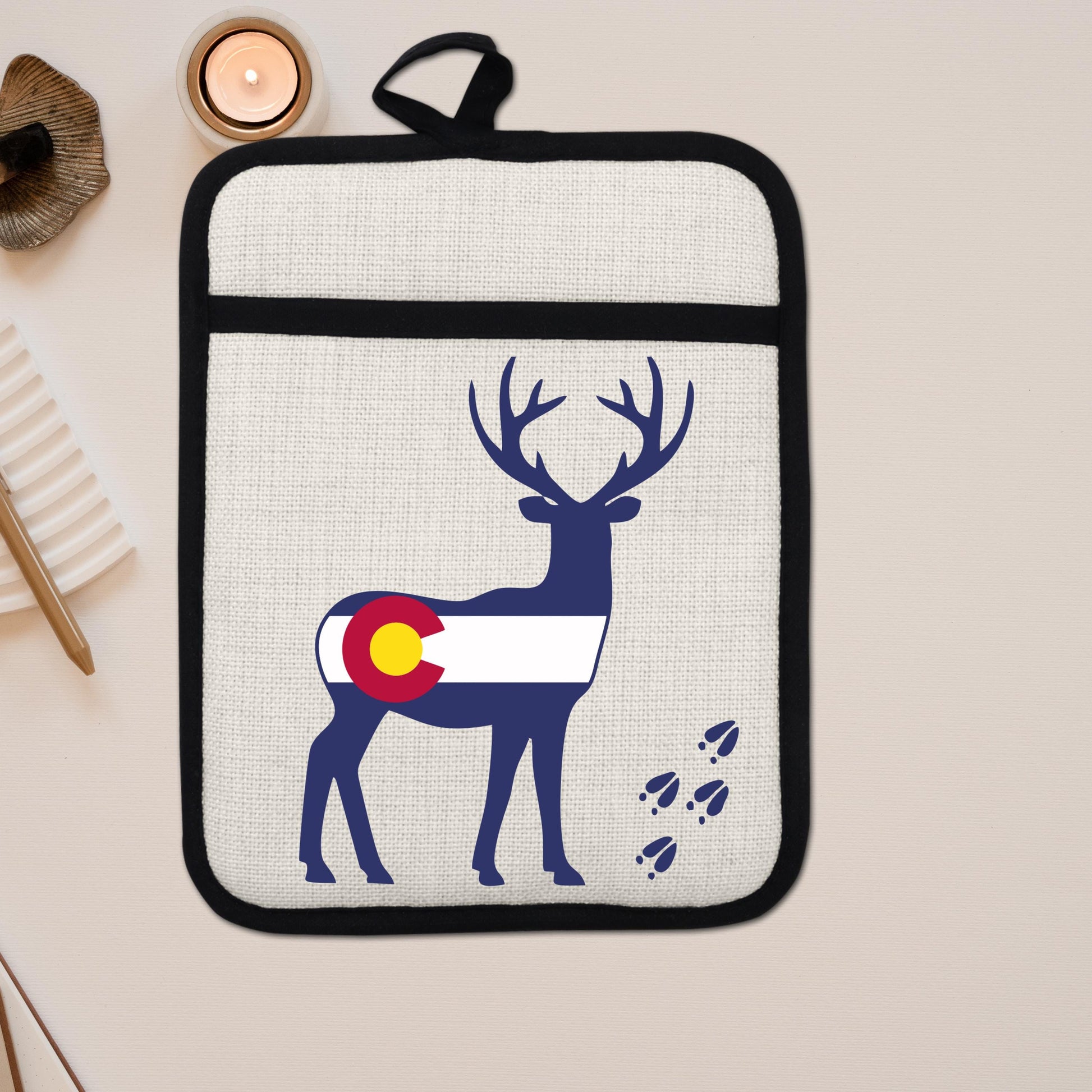 Colorado Deer Pot Holder - Linen Fabric, Silicone Back Trivet with Pocket Grip - additional product photo 14