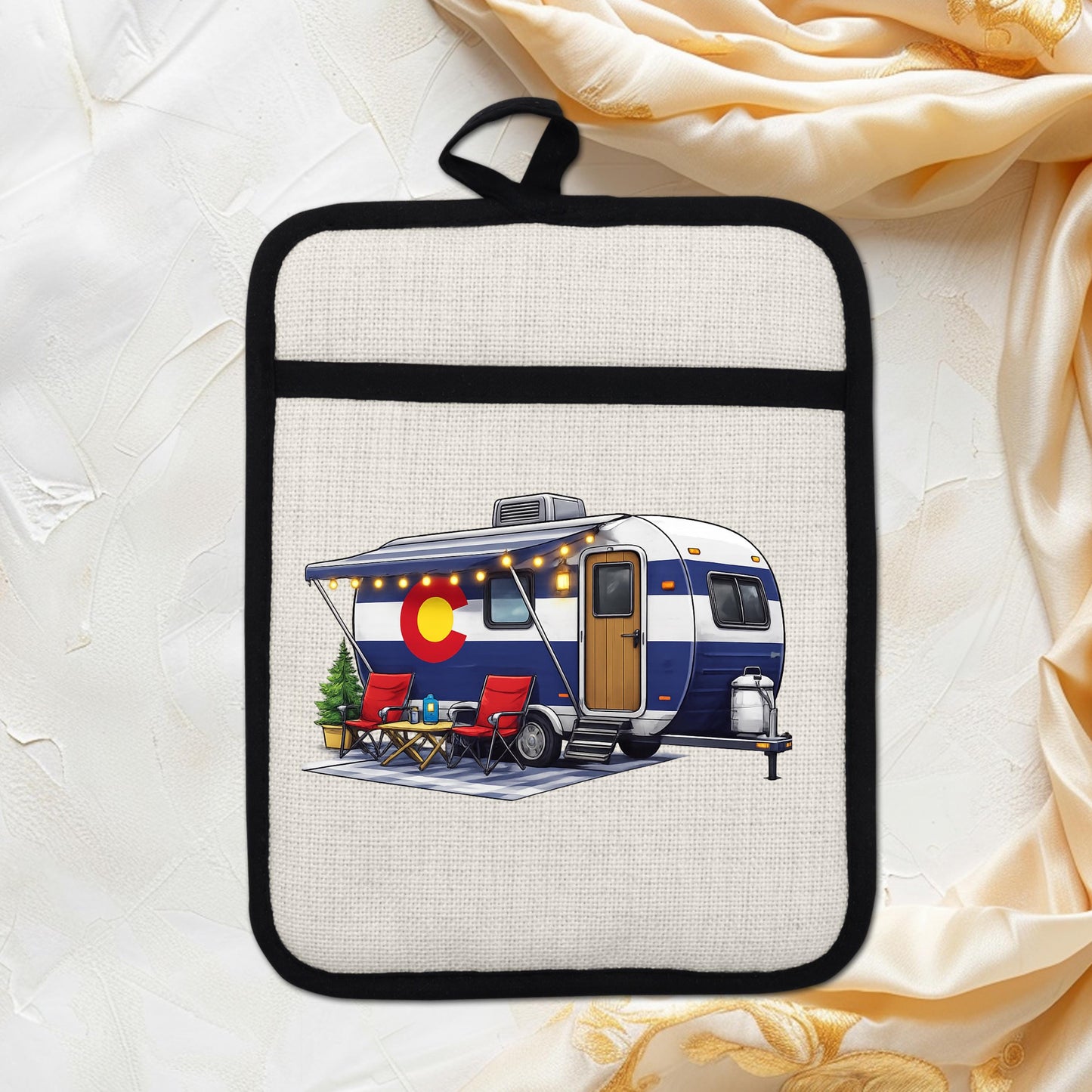 Colorado Camper Pot Holder - Linen Fabric, Silicone Heat Trivet With Loop - additional angle