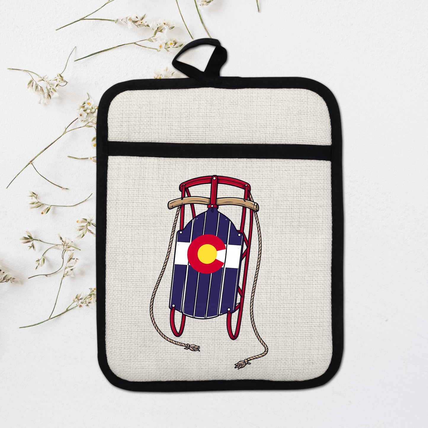 Colorado Sled Pot Holder - Linen Pot Holder with Silicone Back Trivet, Heat Resistant Oven Mitt - additional product photo 15