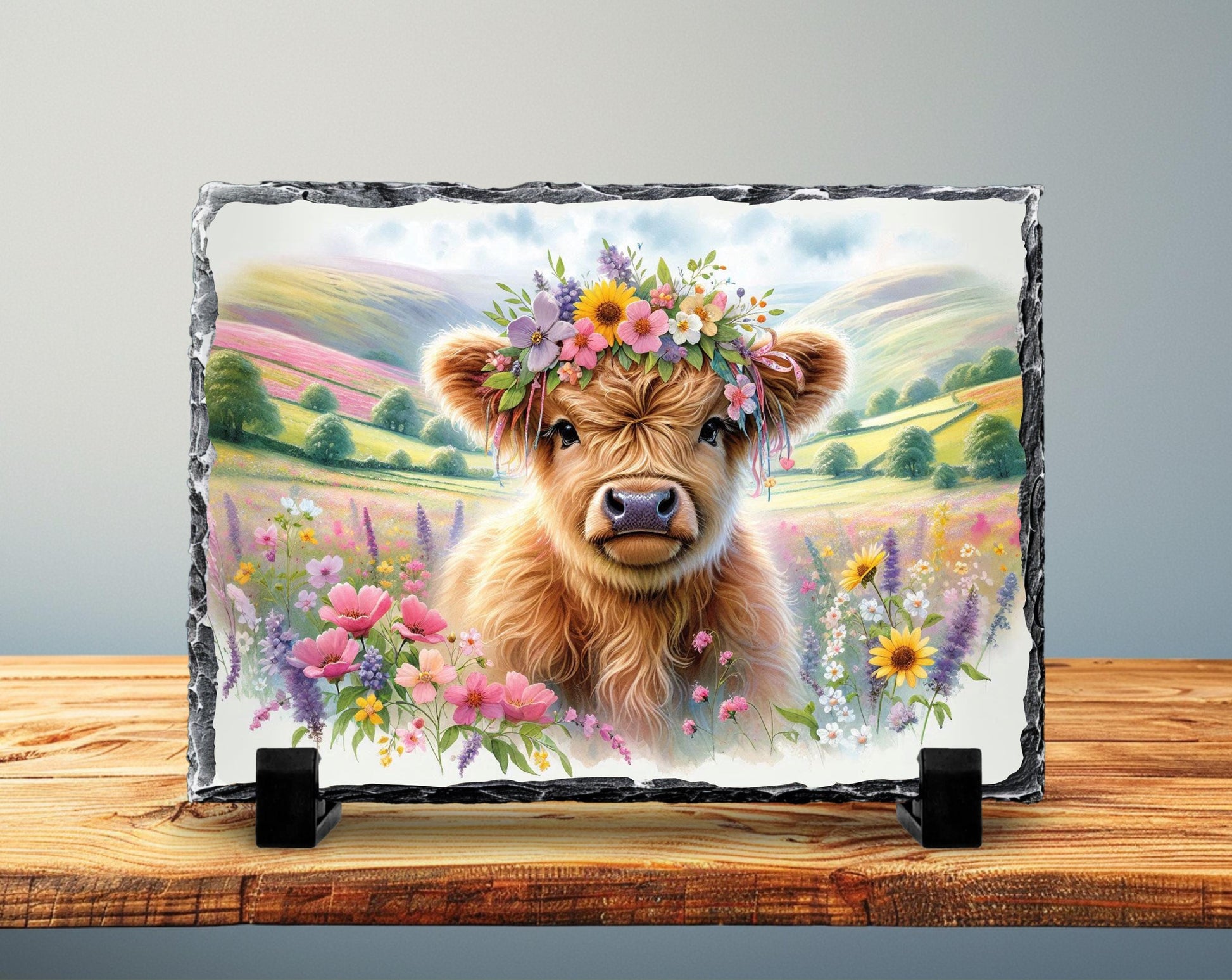 Highland Cow Slate Sign – Rustic Slate Plaque with Baby Calf Floral Headband - alternate view