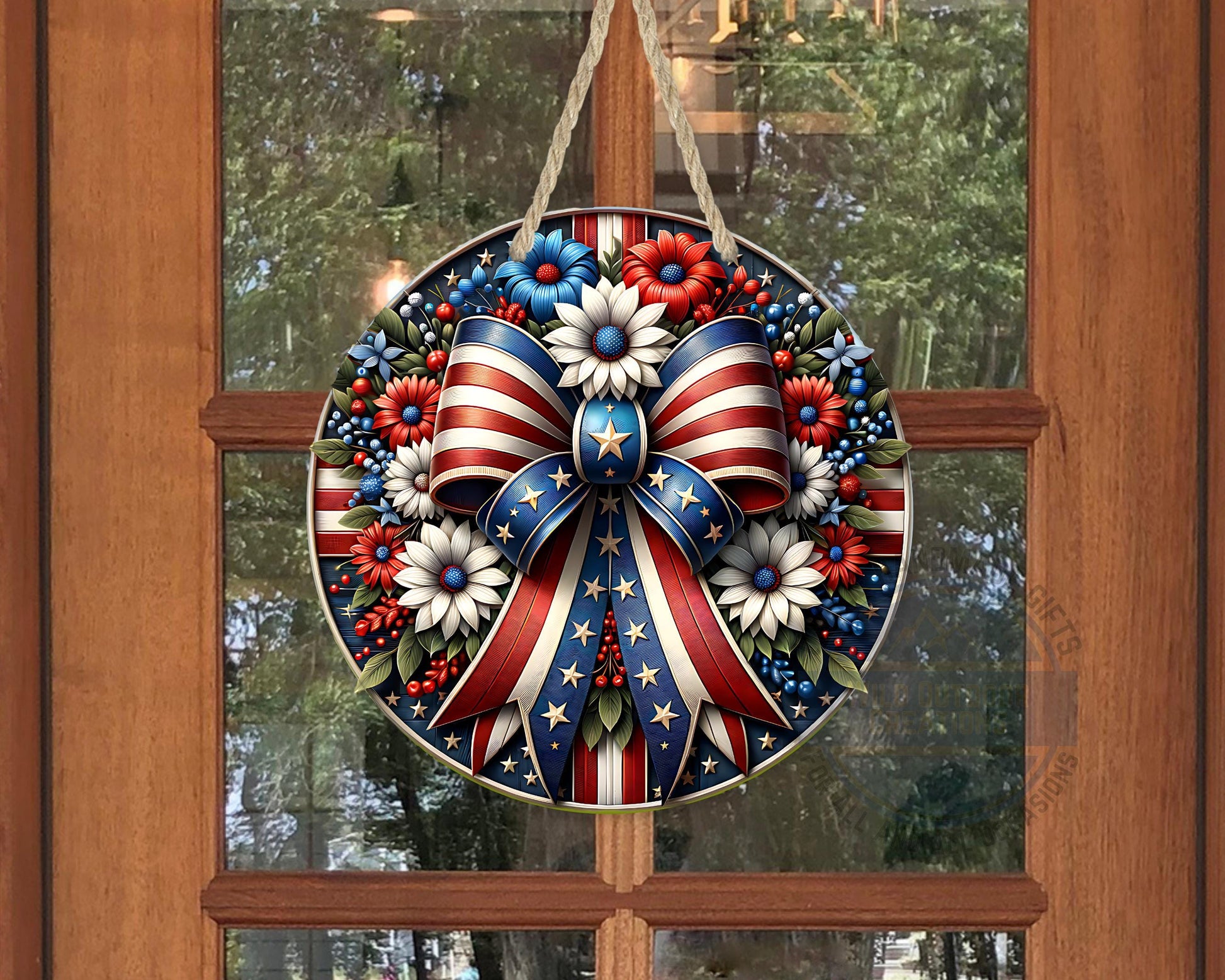 Patriotic Door Hanger – Aluminum Door Sign with American Flag Bow & Floral Design - scale and size reference