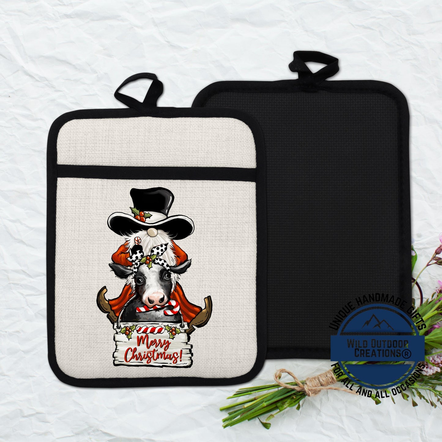 Christmas Cow Pot Holder Linen Hot Pad Cowboy Gnome Farmhouse Kitchen Gift