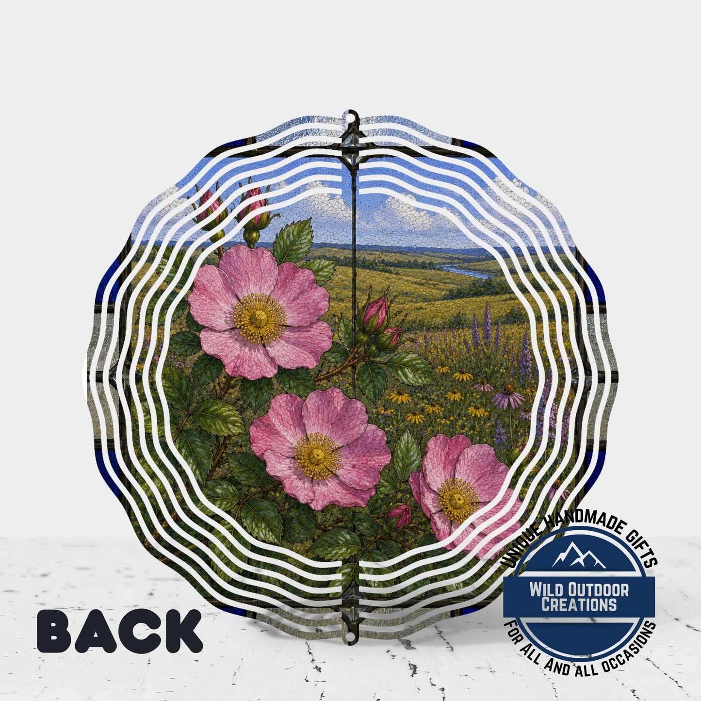 Wild Prairie Rose Wind Spinner Iowa State Flower Stained Glass Garden Aluminum Decor