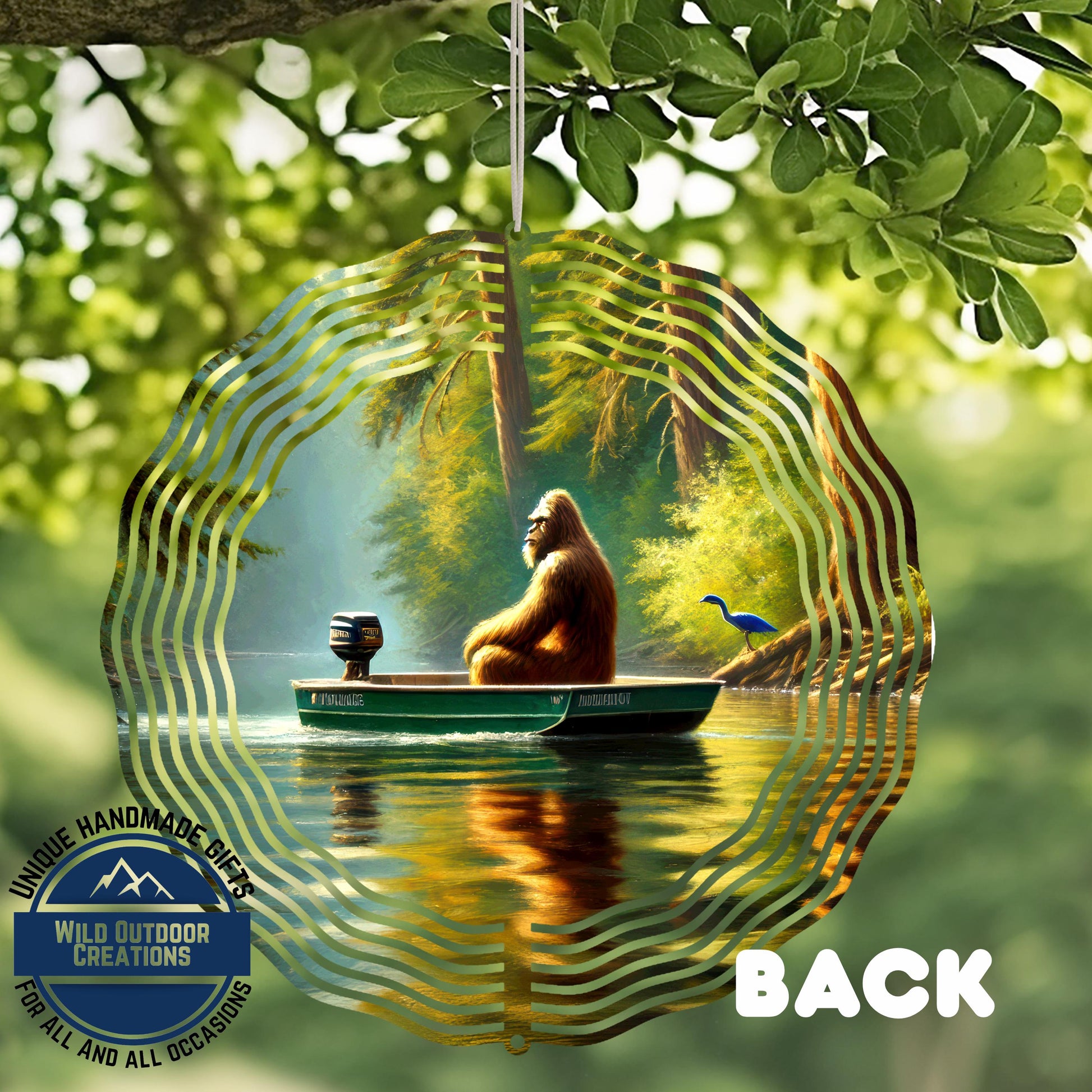 A large orangutan sits in a boat on a river, surrounded by lush greenery and a bird nearby.