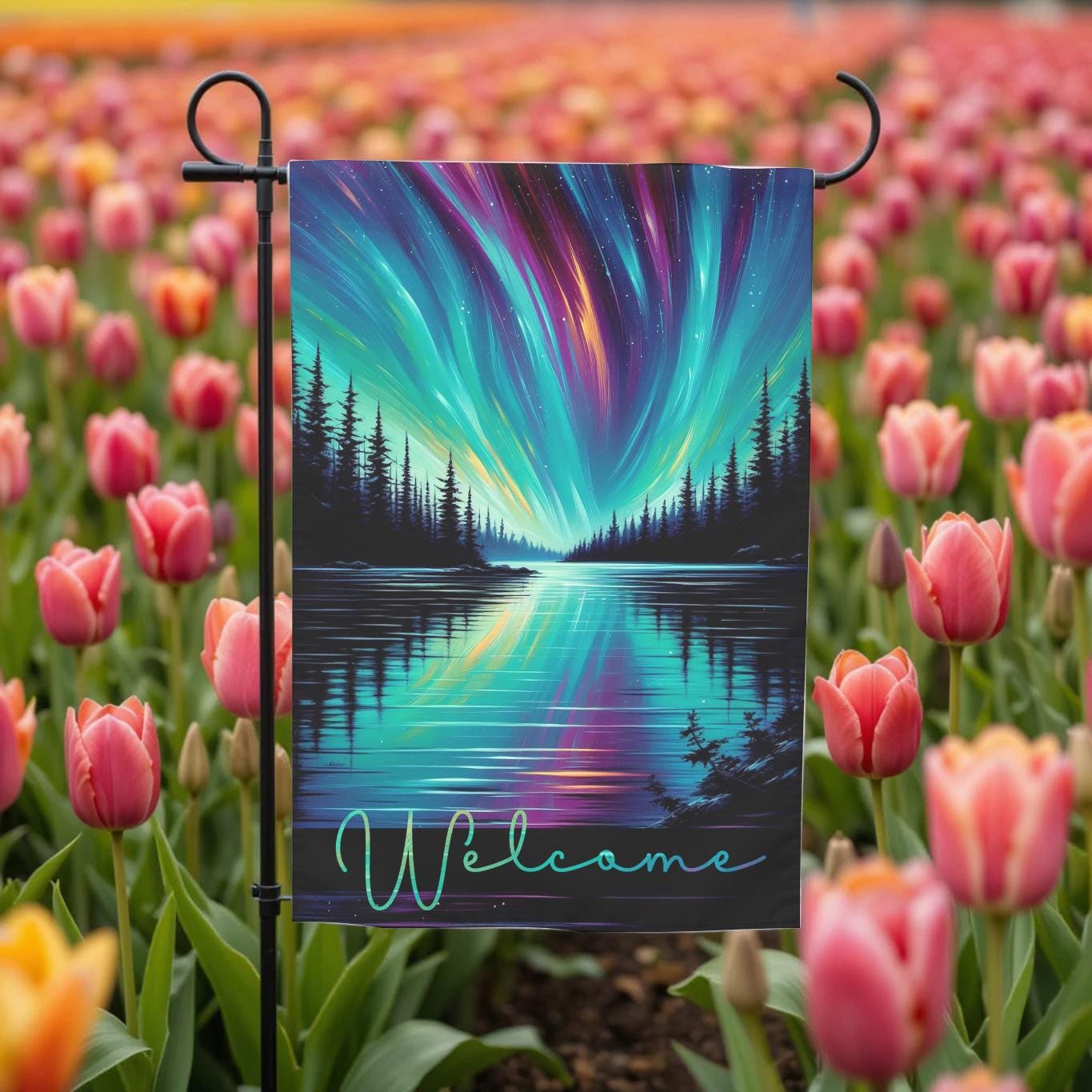 Northern Lights Garden Flag - Aurora Borealis Lake Reflection Outdoor Yard Decor - detail view