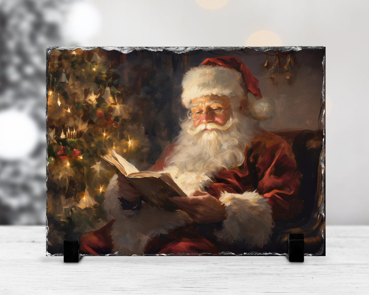 Watercolor Santa Slate Plaque - Holiday Decor with Fractured Edge  Christmas Tree Reading Scene