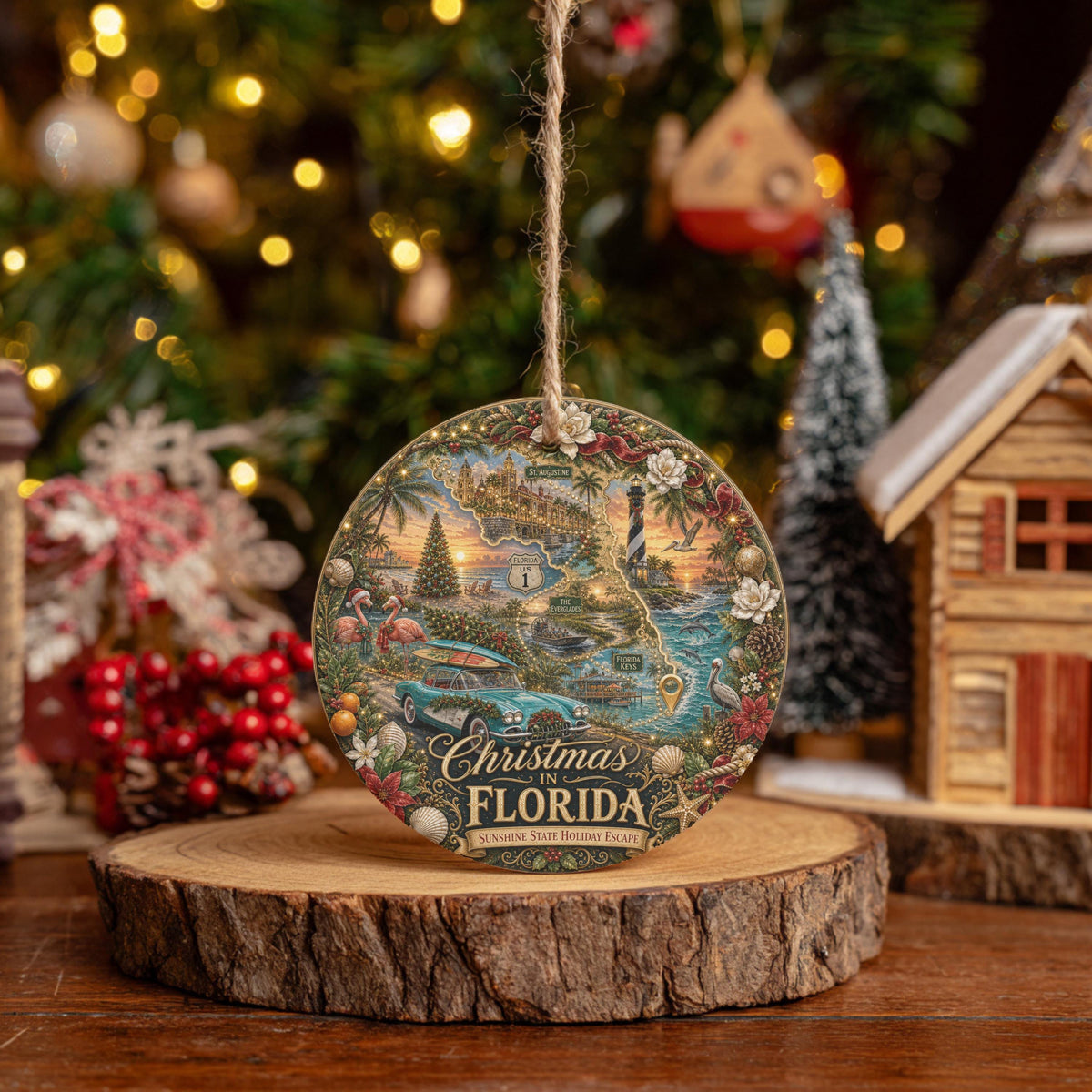 Florida Christmas Ornament, Vintage Ceramic Keepsake | 3 Inch Round