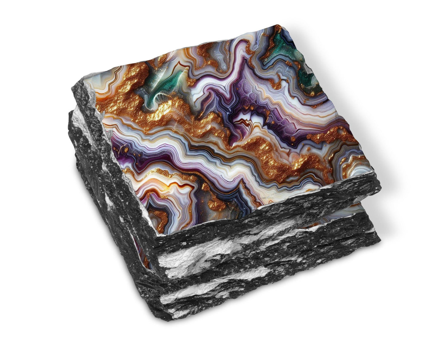Mardi Gras Coaster Set of 4 - Purple Gold Glitter  Green Agate  Perfect Boho Housewarming Gift