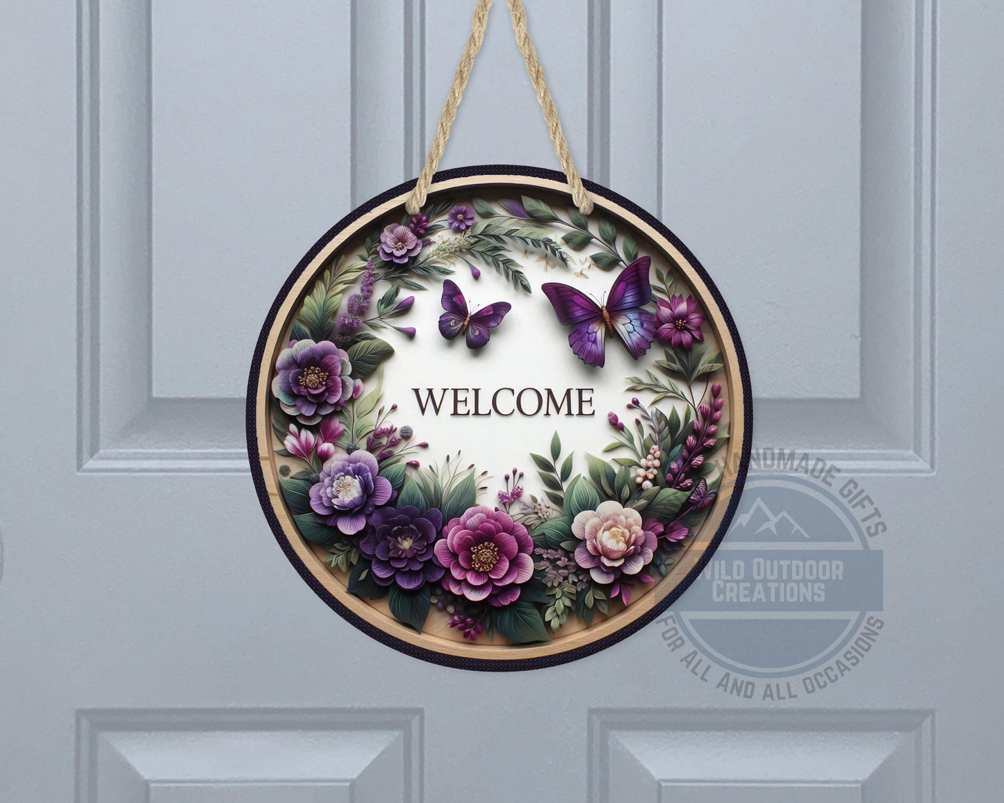 Welcome Door Hanger - Purple Floral Butterfly Porch Sign | Weather Resistant Aluminum - gift presentation view