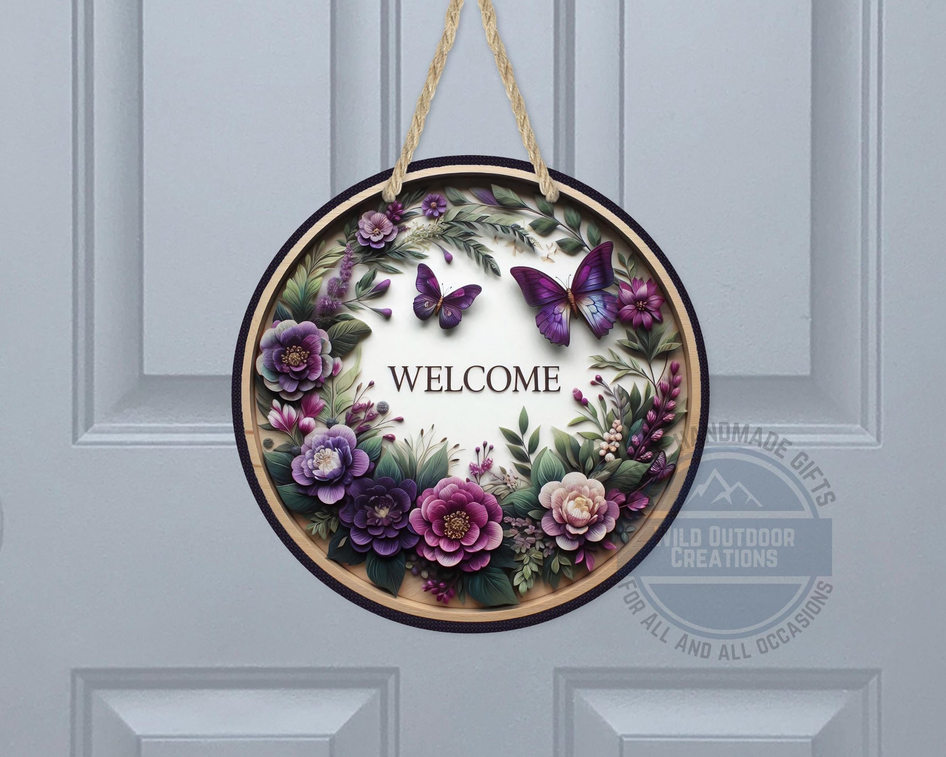 Welcome Door Hanger - Purple Floral Butterfly Porch Sign | Weather Resistant Aluminum - gift presentation view