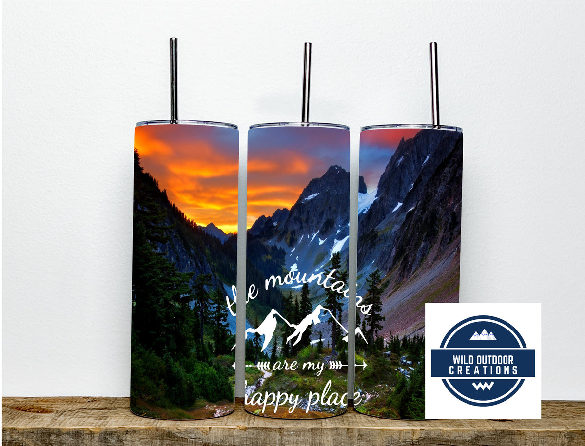 Stainless Steel Tumbler, 20 Oz, Mountain Sunset Art, Clear Lid