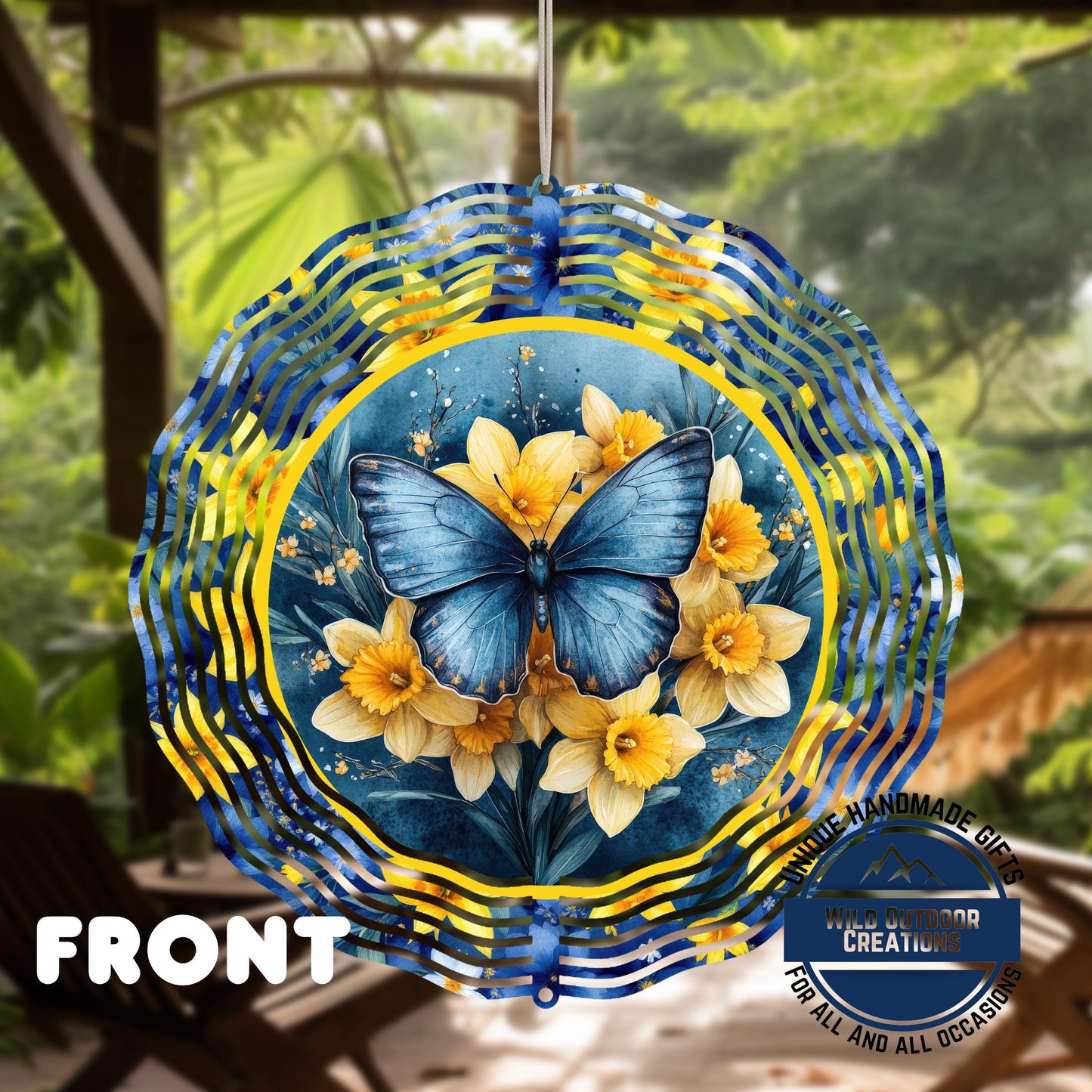 Daffodil Wind Spinner – Blue Butterfly Garden Decor, 10-Inch Aluminum Outdoor - back side design view