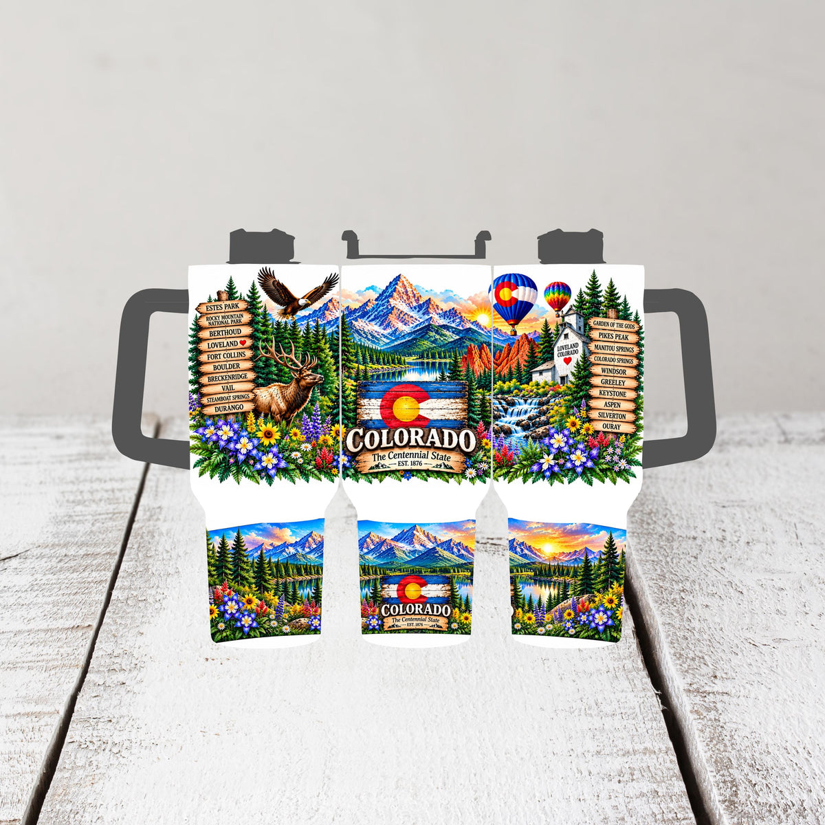 Colorado 40 Oz Tumbler, Handle, Elk, Columbine, Flag Gift Cup Set