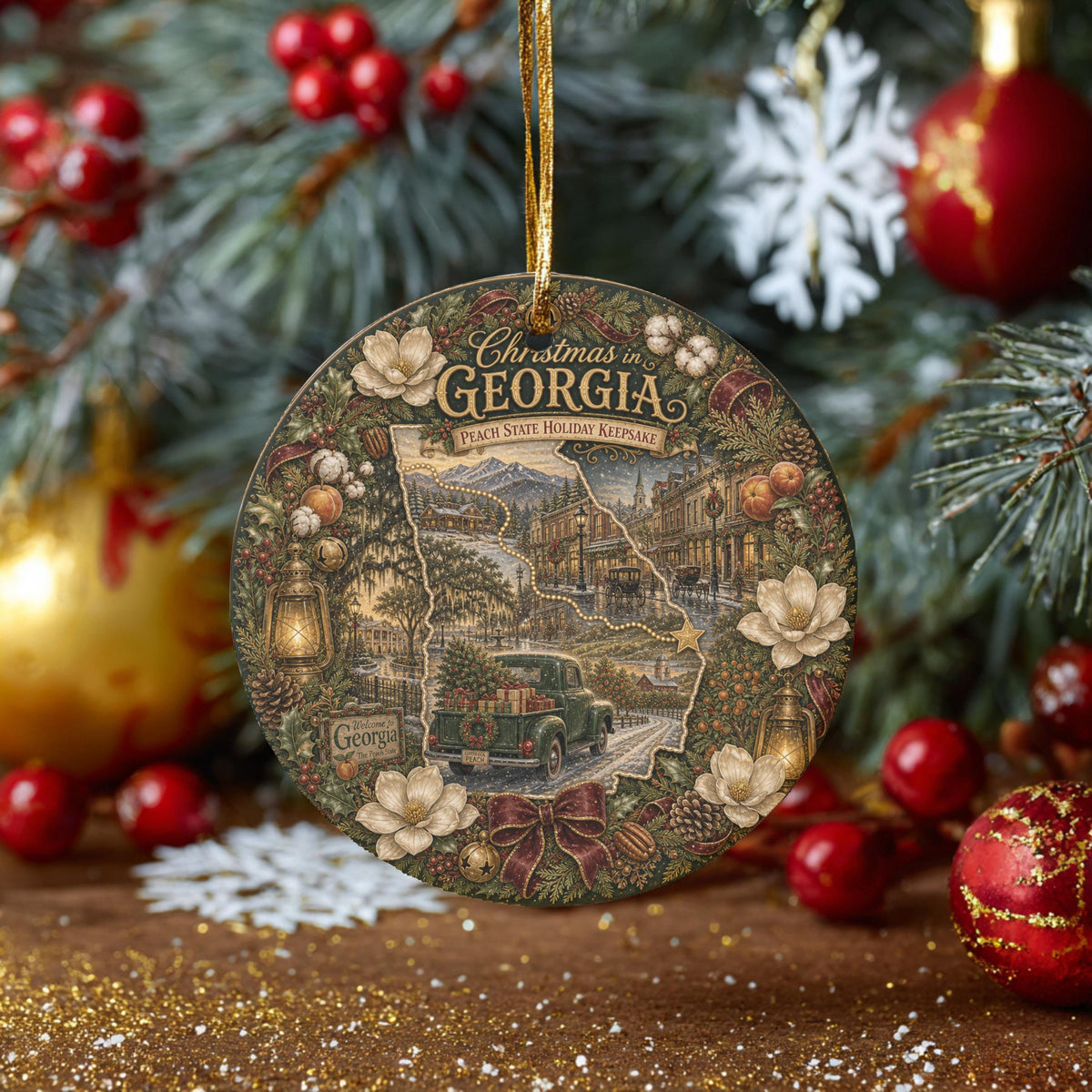 Georgia Christmas Ornament | 3 In Ceramic Keepsake, Vintage Truck