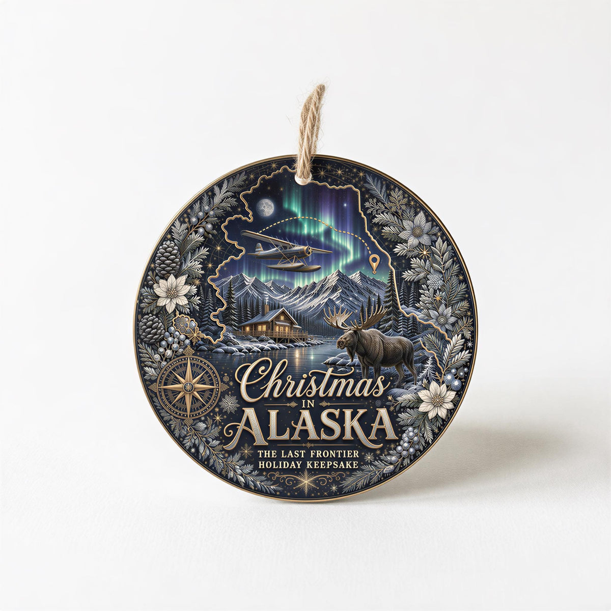 Alaska Ornament - Northern Lights Moose Cabin, 3 Inch Ceramic Tree