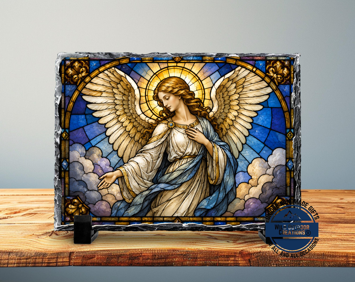 Guardian Angel Faux Stained Glass Slate Plaque, Religious Wall Decor, Christian Sympathy Gift