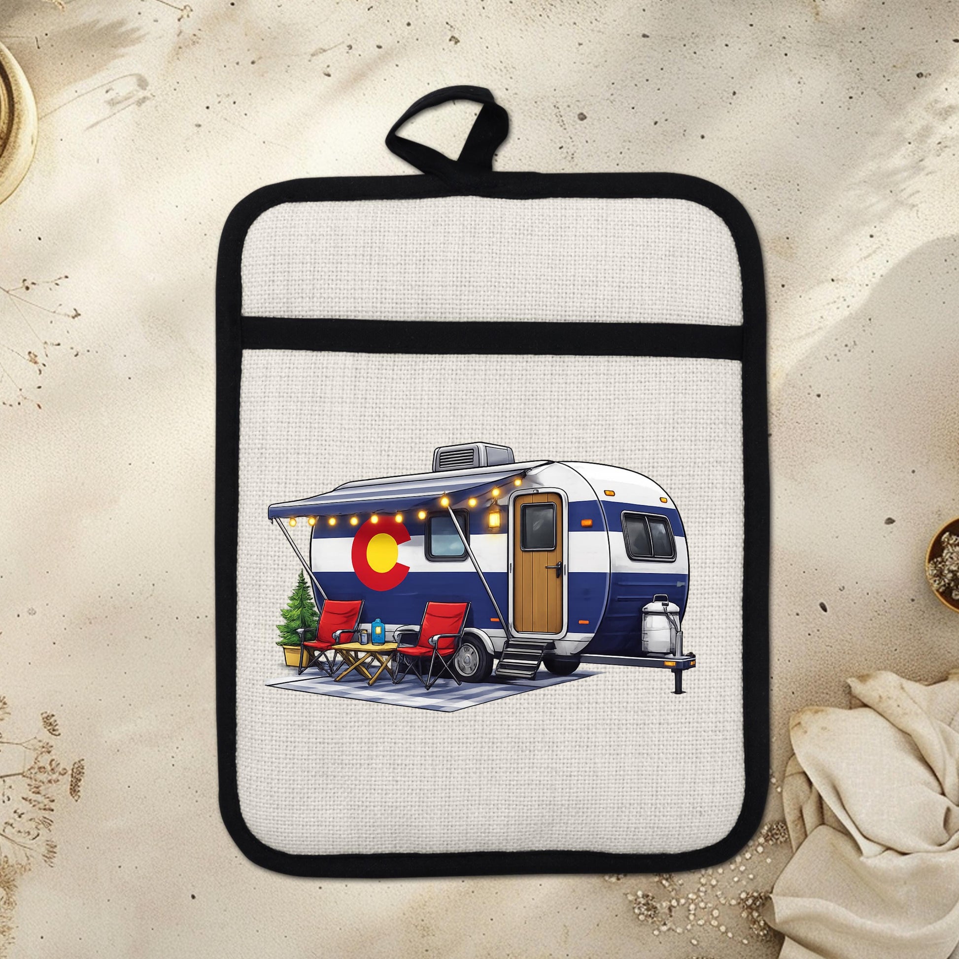Colorado Camper Pot Holder - Linen Fabric, Silicone Heat Trivet With Loop - lifestyle view