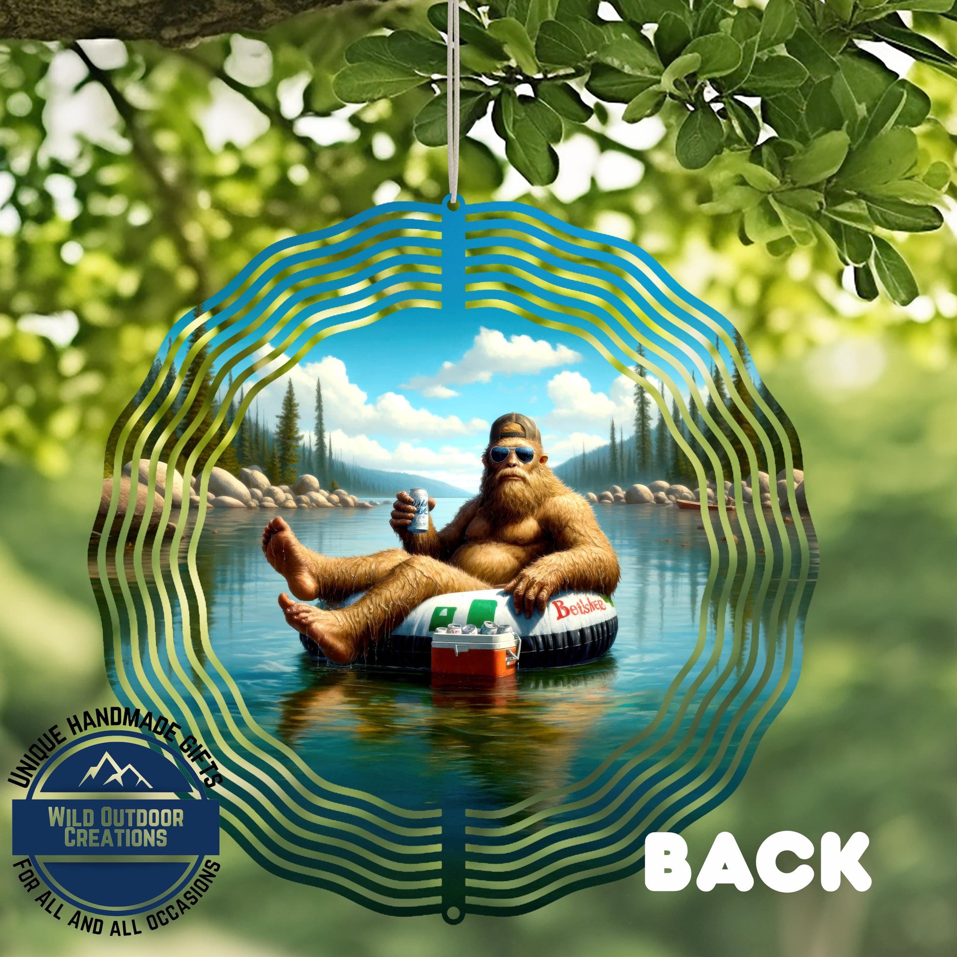 Bigfoot Wind Spinner - Aluminum Garden Decor | Double-Sided Lake House Ornament - full product view