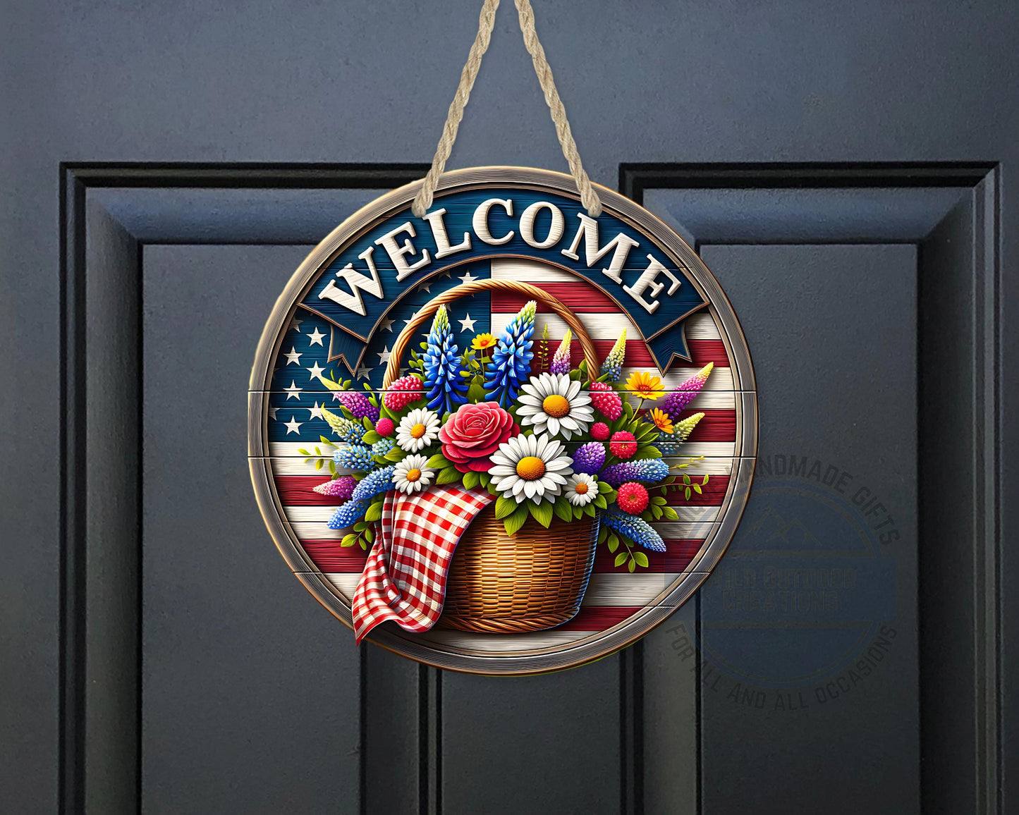 Patriotic Door Hanger - Aluminum Outdoor Sign With American Flag & Floral Basket - additional product photo 10