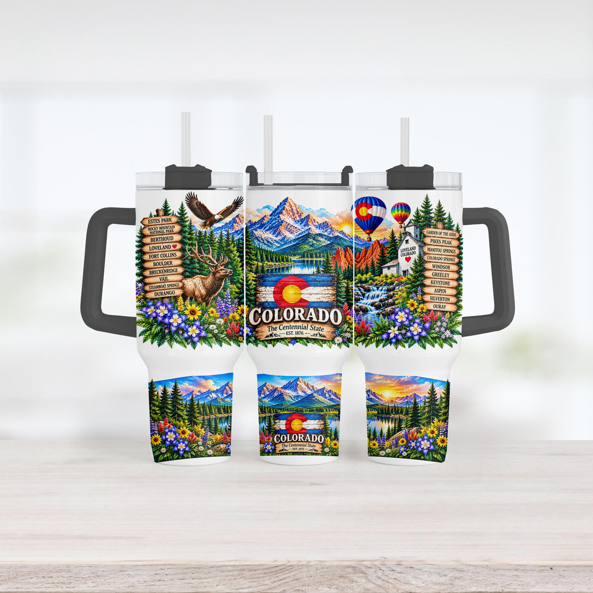 Colorado 40 Oz Tumbler, Handle, Elk, Columbine, Flag Gift Cup Set
