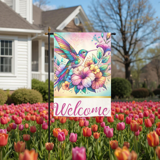 Welcome Hummingbird Garden Flag - Colorful Floral 12x18 Double Sided Outdoor Decor
