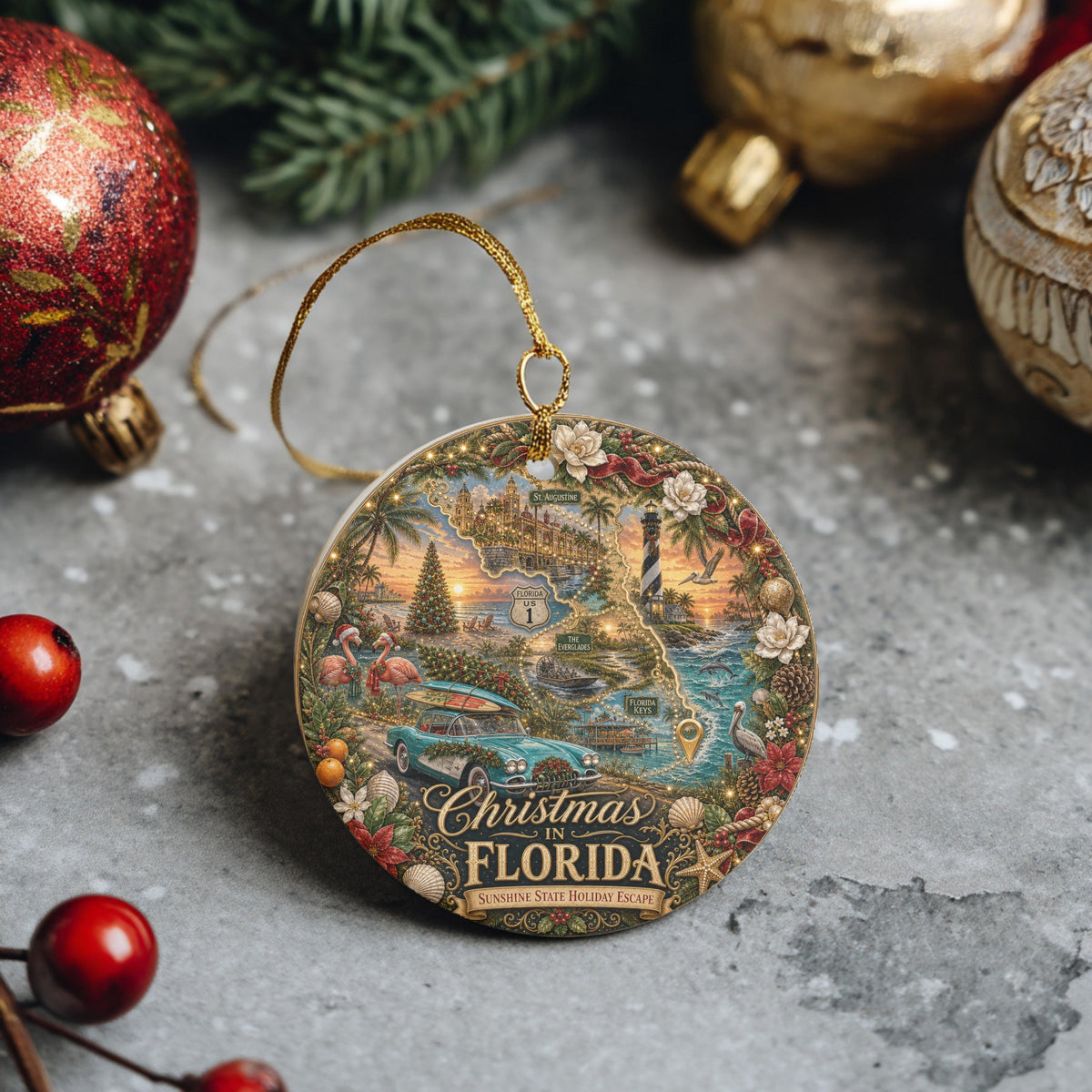 Florida Christmas Ornament, Vintage Ceramic Keepsake | 3 Inch Round