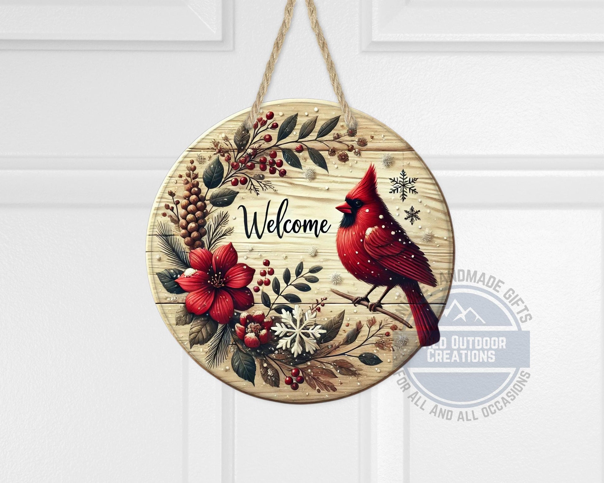 Cardinal Door Hanger - Winter Floral Wreath | Lightweight Aluminum Holiday Porch Sign - additional angle