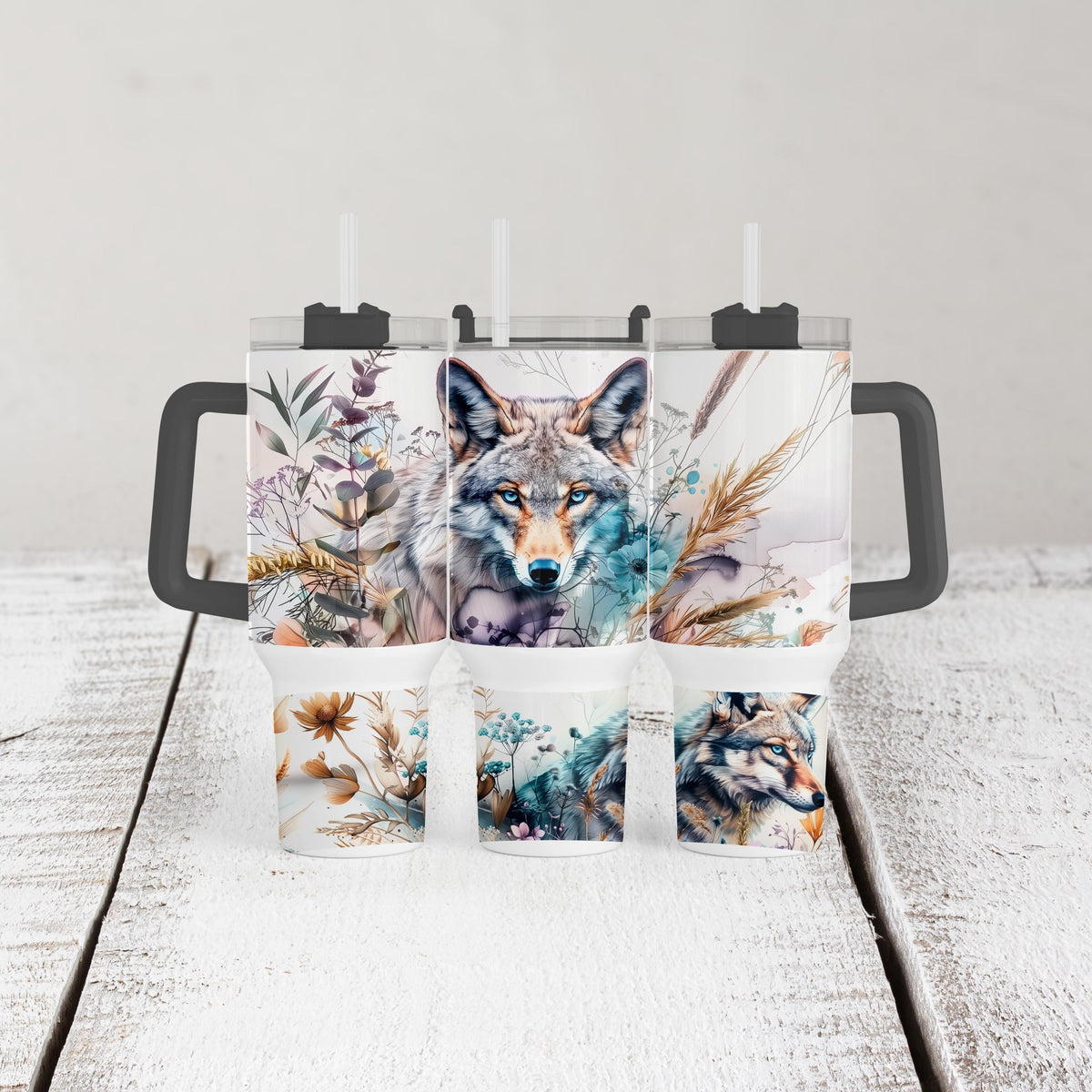 Boho Wolf Tumbler, 40 Oz With Handle, Wildflower Cup Gift For Her