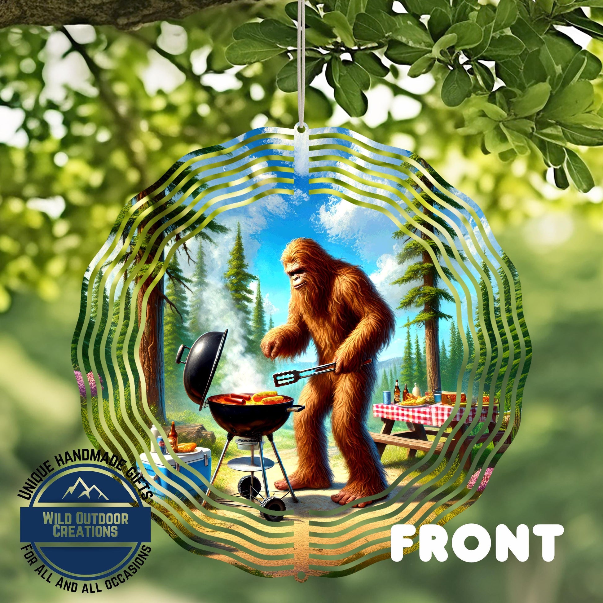 Bigfoot BBQ Wind Spinner – Aluminum Outdoor Sasquatch Garden Decor, Funny Grill Gift - full product view