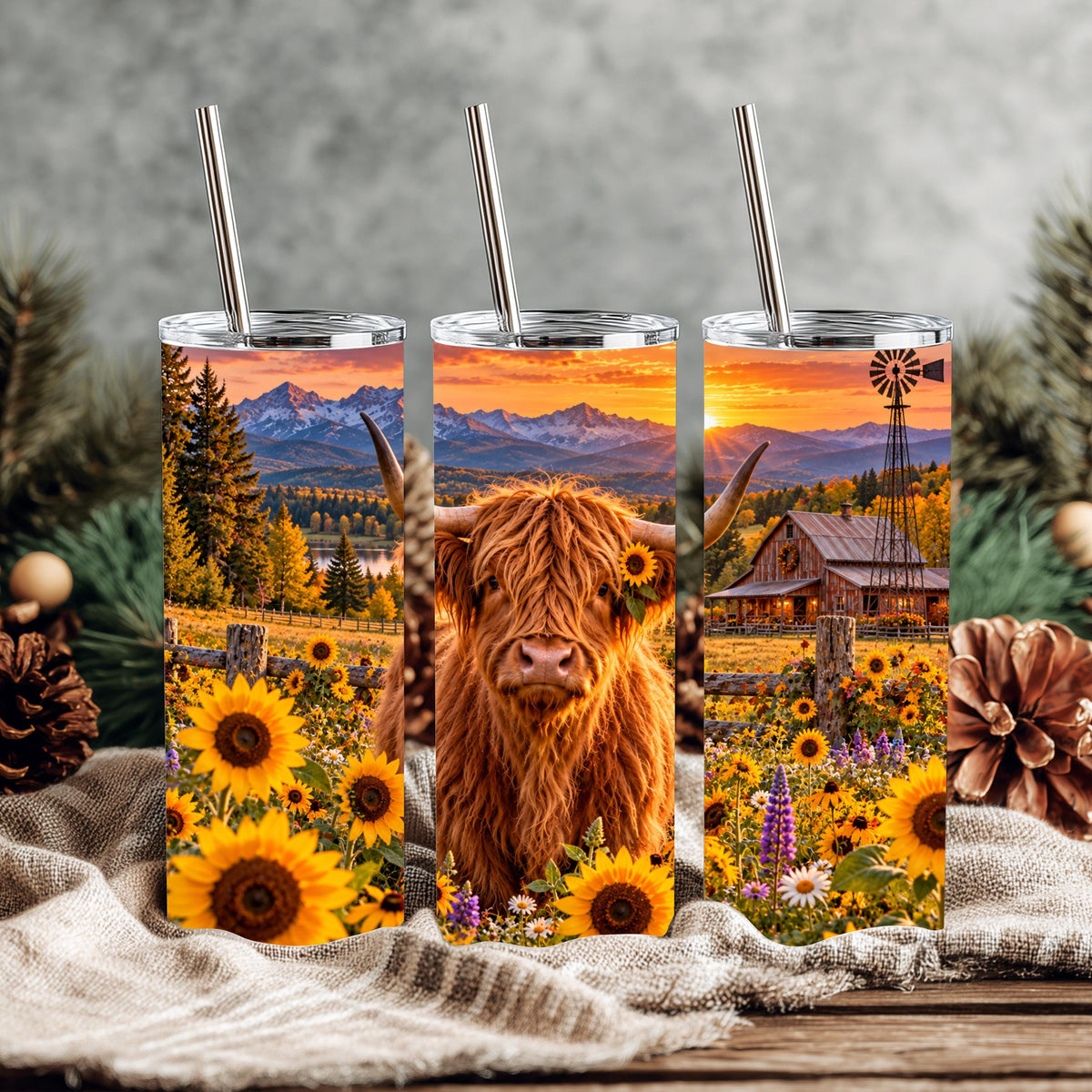 Highland Cow Cup, Sunflower Wrap | 20 Oz Skinny Tumbler Set