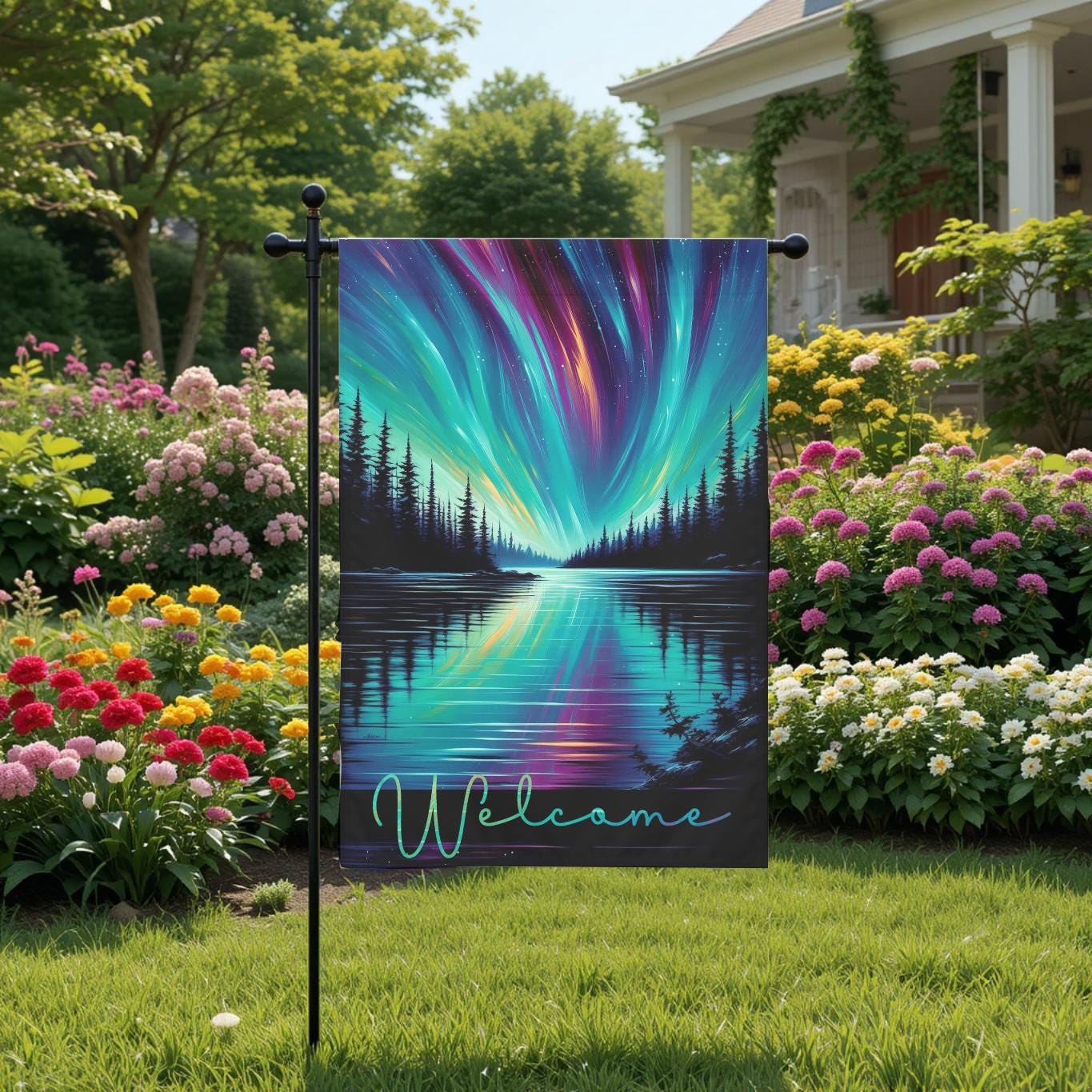 Northern Lights Garden Flag - Aurora Borealis Lake Reflection Outdoor Yard Decor