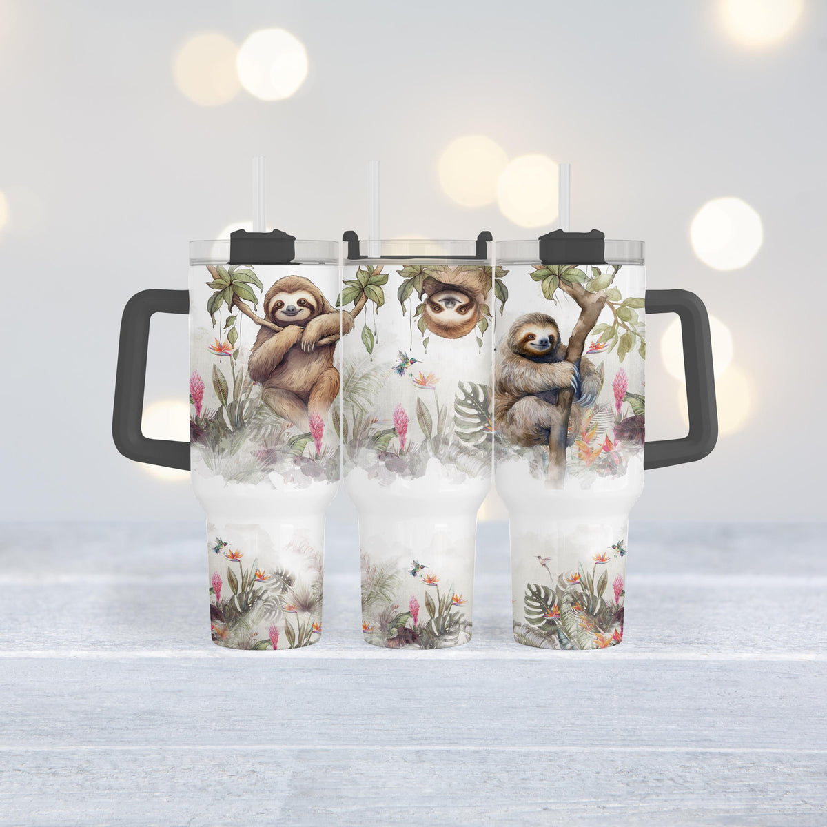 Sloth 40 Oz Tumbler With Handle, Tropical Jungle Floral Cup, Gift