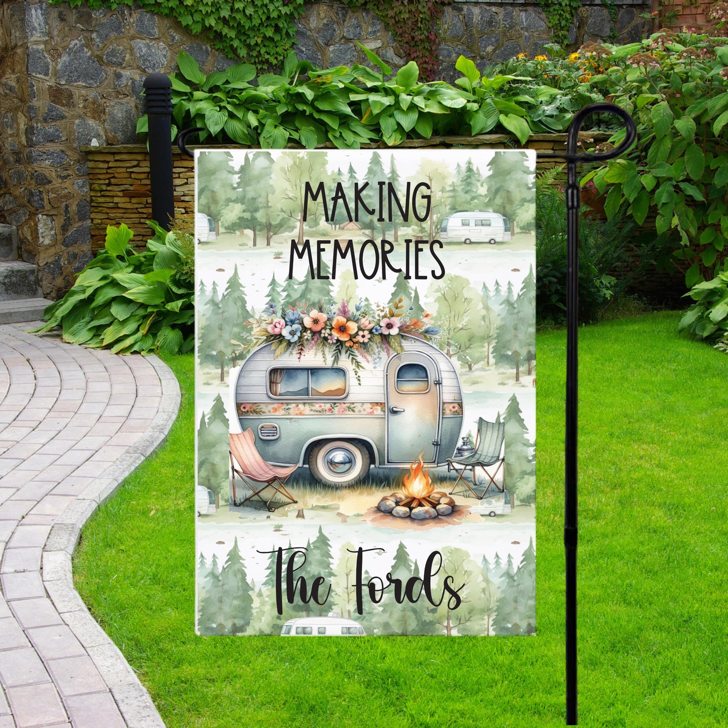 Personalized Retro Camper Garden Flag - Custom RV Campsite Gift