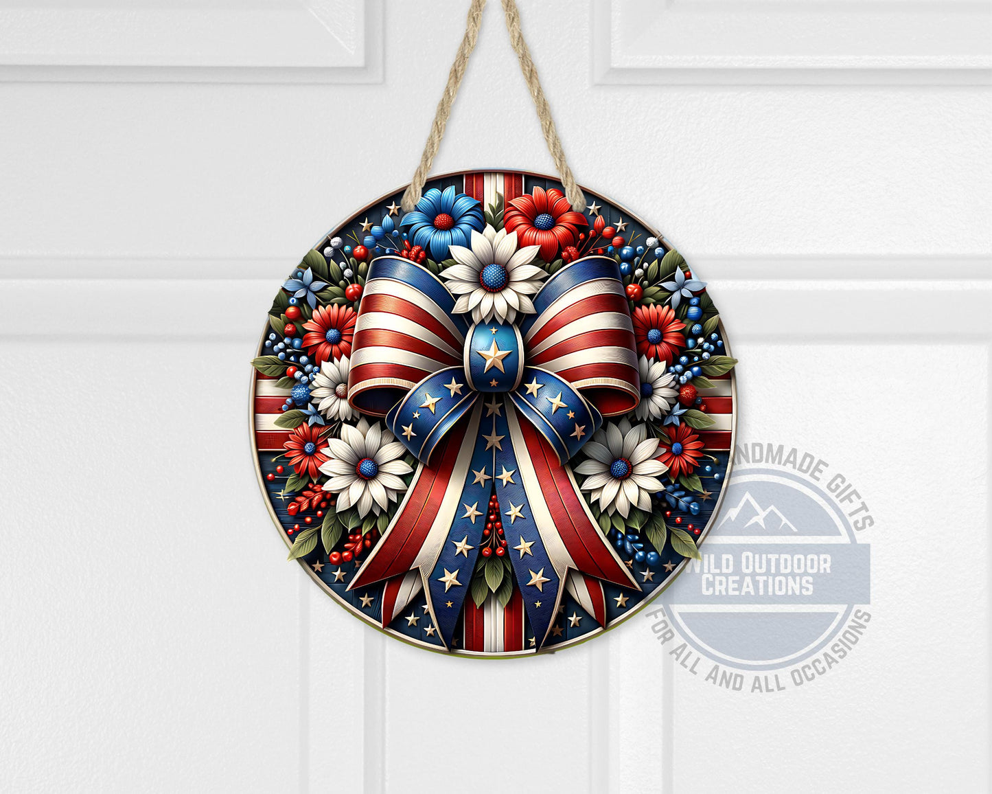 Patriotic Door Hanger – Aluminum Door Sign with American Flag Bow & Floral Design - additional angle